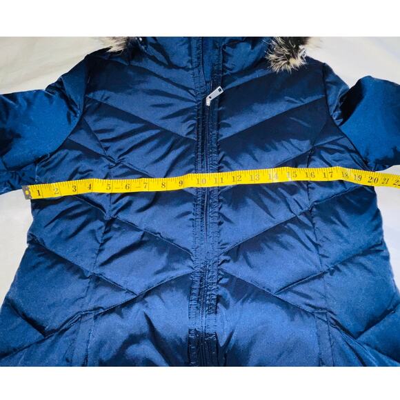 Lands' End Long Down Puffer Coat - Size S (6-8) - Vibrant Blue w/ Faux Fur Hood - Picture 9 of 12